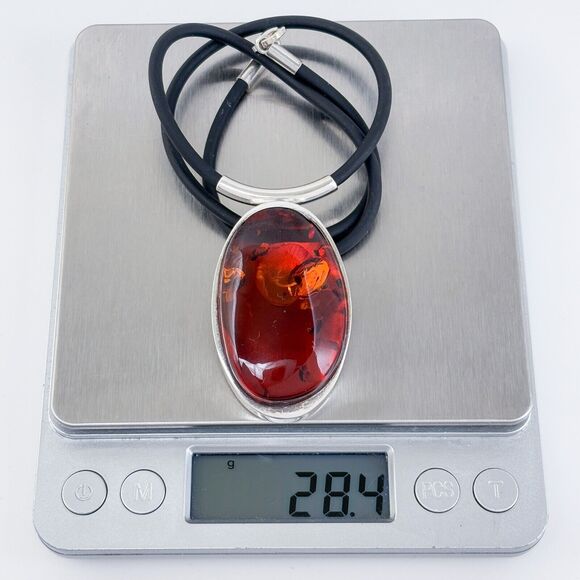 Rubber Necklace with Amber Pendant | Vintage Sterling Silver 925 | 18" - Picture 7 of 7